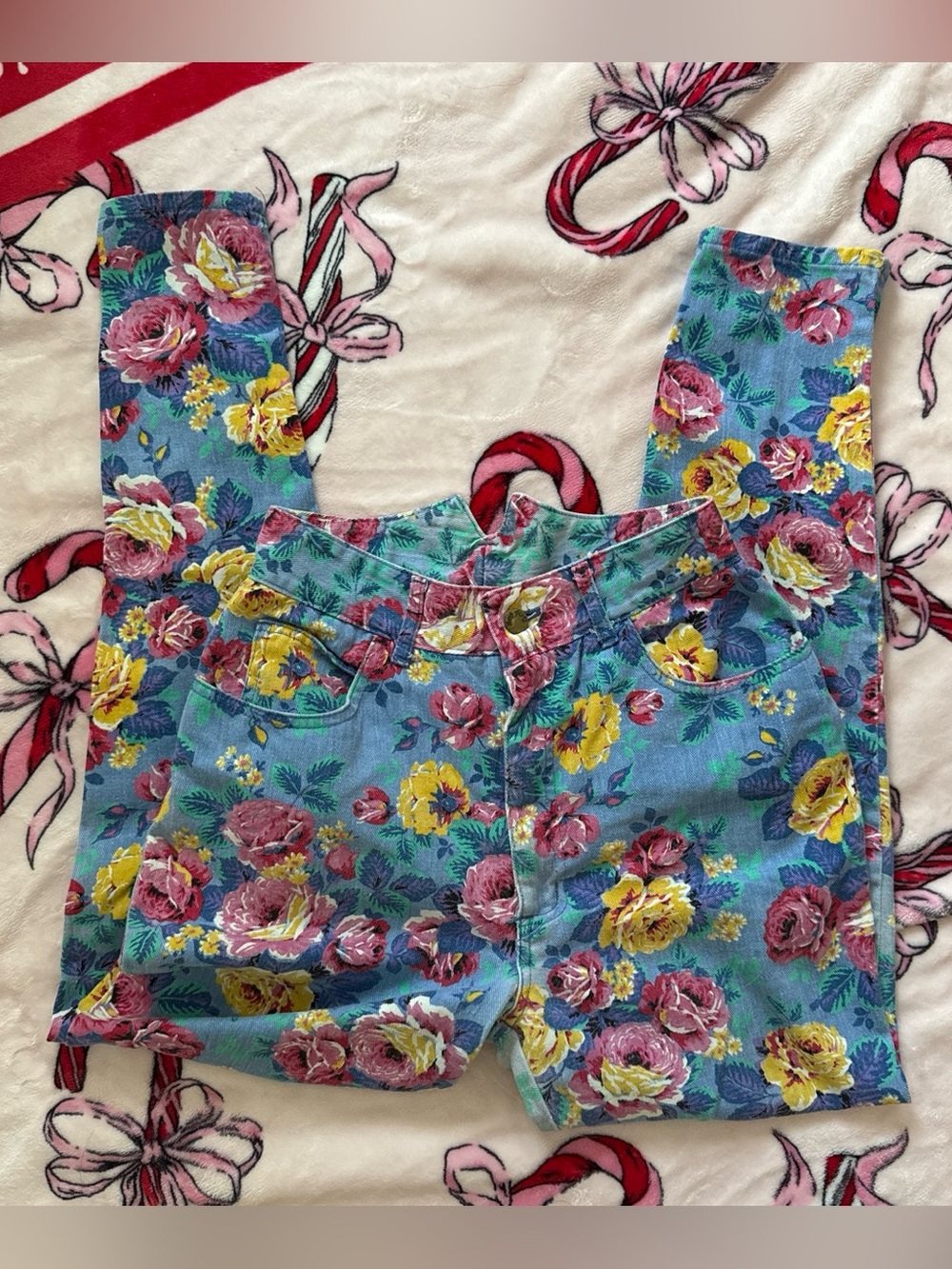 Vintage 80s 90s Paris blues floral multicolored straight leg mom jeans 26